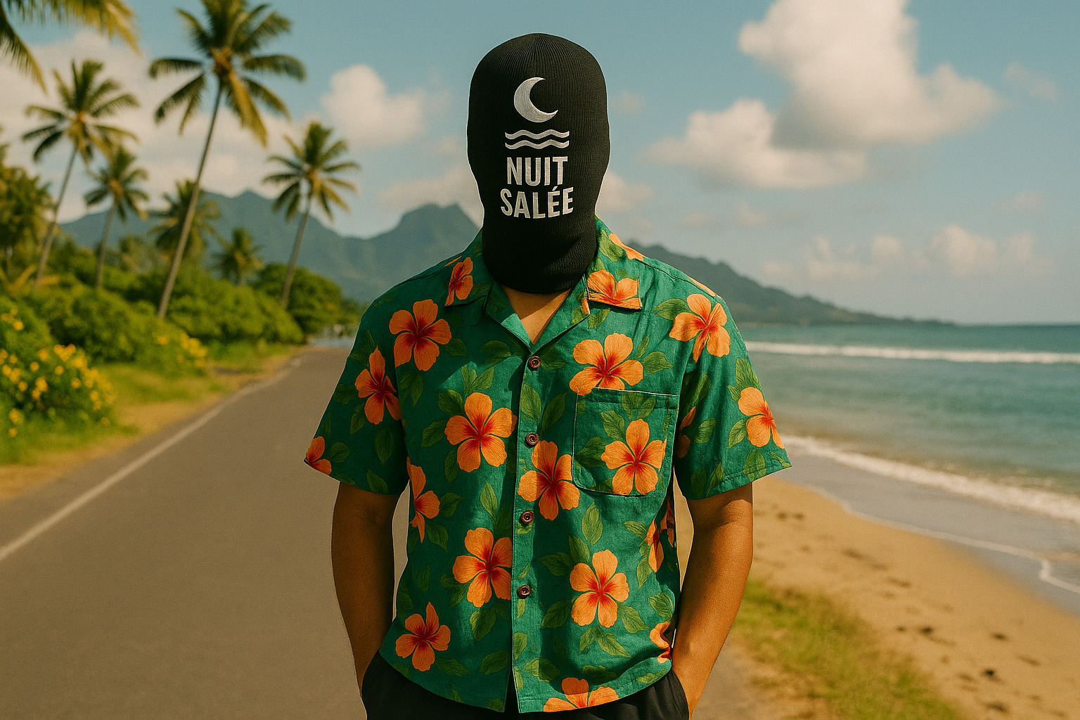 Nuit Salée standing on a coastal road in Raromatai, wearing a green hibiscus shirt and the black Nuit Salée mask.
