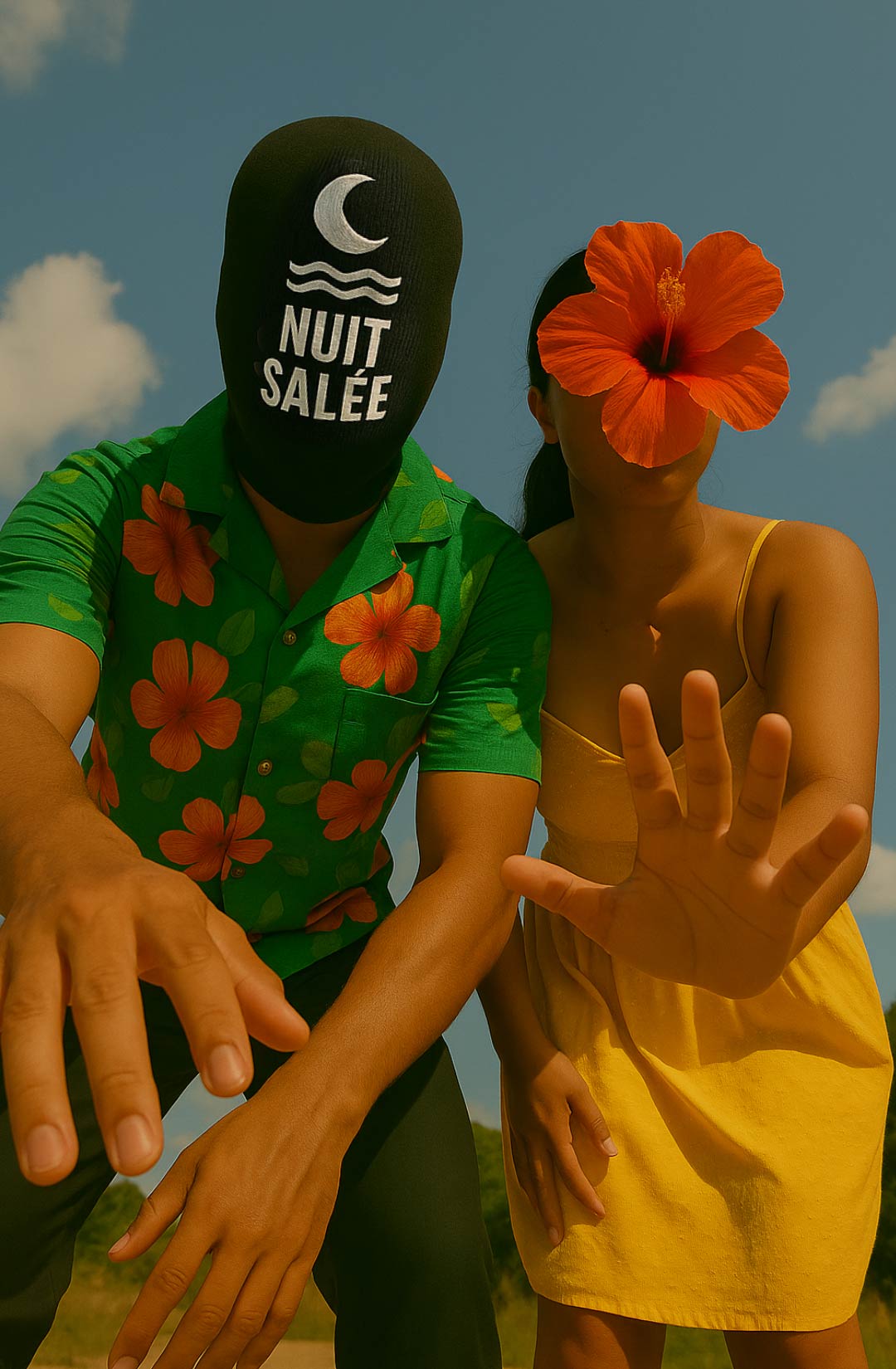 Nuit Salée and Tehani leaning toward the camera under a blue Tahitian sky, their faces hidden by the mask and a hibiscus flower.